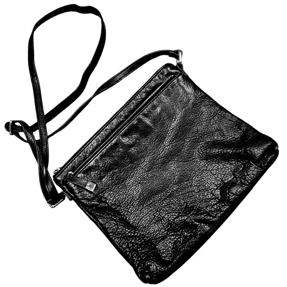 Margot Black Genuine Leather Crossbody Bag Dual Zip‎ Pocket Adjustable Strap - Picture 1 of 10